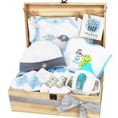 Baby gift set with bodysuit, hat, bib, socks and bottle for newborn flower delivery
