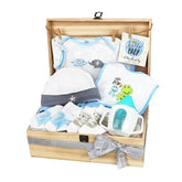 Baby gift hamper with bodysuit, hat, socks, and bib, ideal for new baby flower delivery.