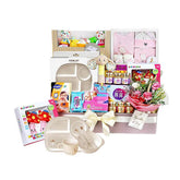 Baby gift hamper with fresh flower bouquet, plush toy, diapers, baby essentials and gift items, ideal for flower delivery in Singapore.