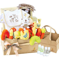 Newborn gift hamper with plush toys, socks, baby clothes and a congratulations card, ideal for flower delivery with gifts.