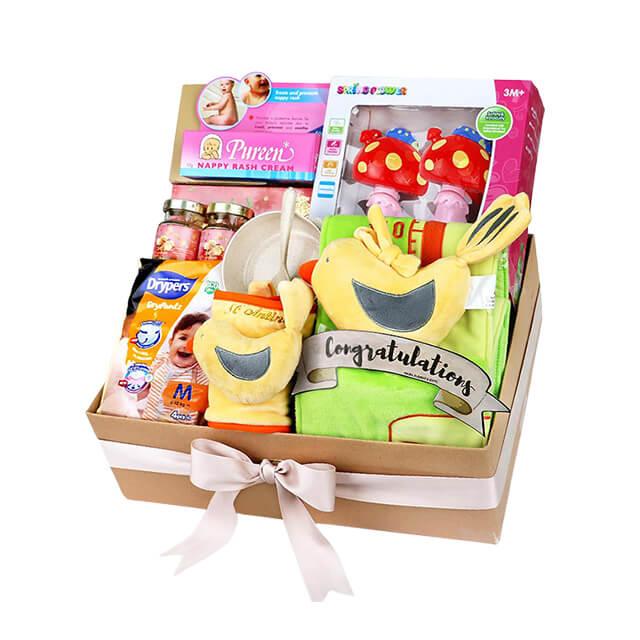 Newborn gift hamper with plush toys, baby care items, and a congratulations banner for delivery