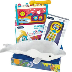 Baby gift hamper with plush dolphin and musical toy, perfect for flower delivery gifting
