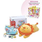 Flower delivery gift set featuring plush lion toy, musical airplane, and colorful gift box