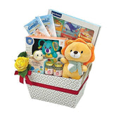 Flower delivery gift basket with yellow rose, plush toys, baby essentials and books