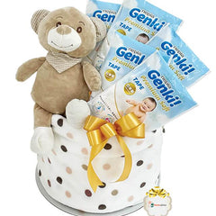 Baby gift hamper with plush bear, soft blanket, baby diapers, and yellow ribbon for flower delivery