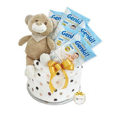 Flower delivery gift basket with plush bear, diapers, and soft blanket, ideal for newborns.