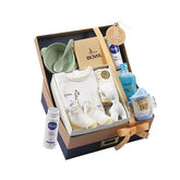 Baby gift hamper with clothing, bath items, and feeding set, ideal for flower delivery gifts