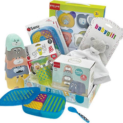 Baby gift hamper with plush toy, stacking animal cups, feeding set and pacifiers for delivery