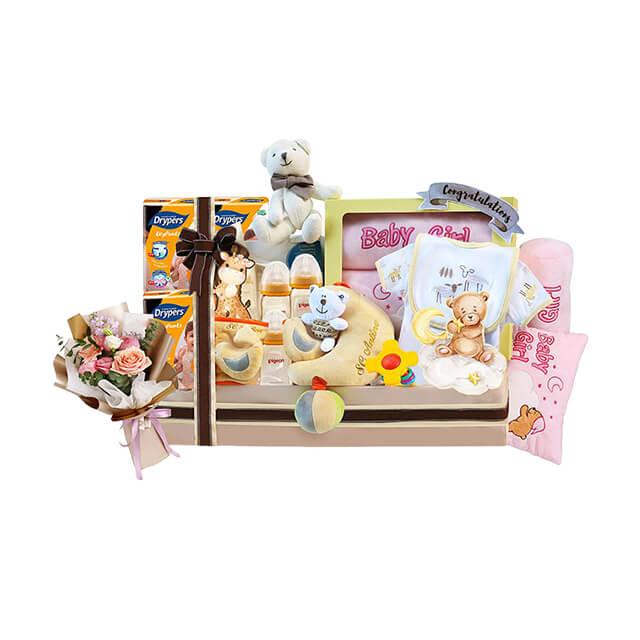 Newborn baby girl gift hamper with soft toys, baby essentials, and a fresh flower bouquet for delivery