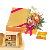 Flower delivery gift set with mixed roses bouquet and assorted nuts in festive gold box