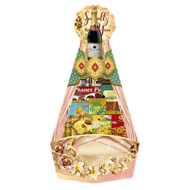 Elegant hamper with flowers, snacks and a wine bottle, perfect for flower delivery gift