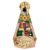 Festive hamper with wine, assorted snacks, and decorative flowers for gift delivery