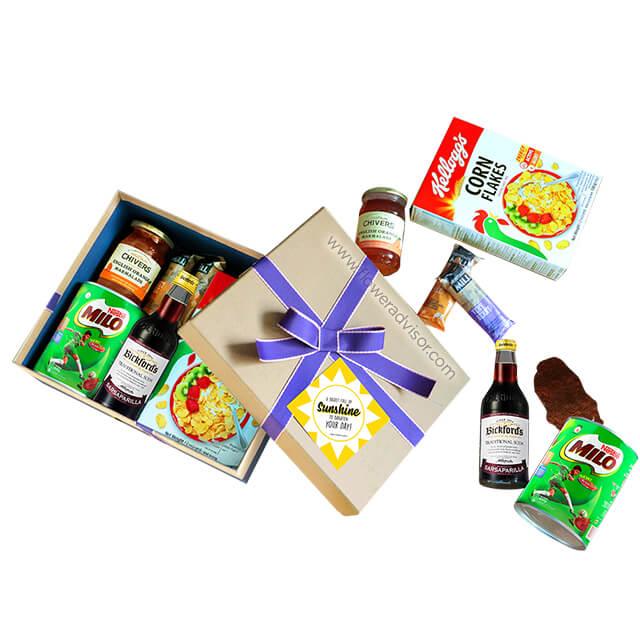 Gourmet hamper with cereal, Milo, jam, drinks and snacks for flower delivery in Singapore