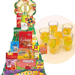 Festive hamper with snacks, sparkling juice, and glasses, ideal for flower delivery gifts