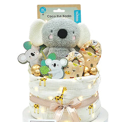 Koala-themed baby gift hamper with plush toy and decorative flowers for flower delivery