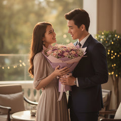 Elegant bouquet with pink and purple roses, perfect for flower delivery in Singapore