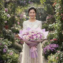 Elegant bouquet with pink and purple roses, perfect for flower delivery in Singapore