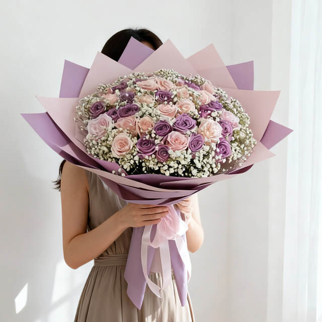 Woman holding large bouquet of pink and purple roses for flower delivery