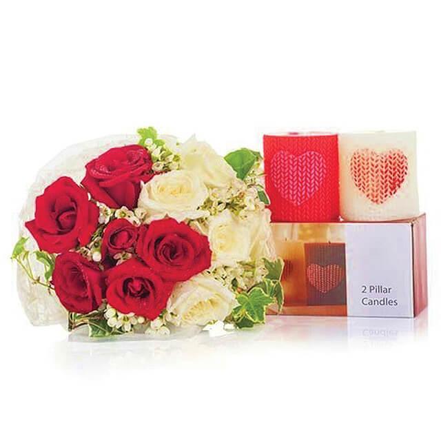 Fresh flower delivery of red and white roses bouquet with heart candles gift set