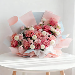 Pink rose bouquet with white pompom flowers, fresh flower delivery in Singapore