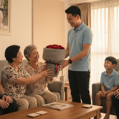 Bouquet of red roses in grey wrapping, perfect for flower delivery in Singapore