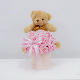 Pink rose bouquet with teddy bear gift set, perfect for flower delivery in Singapore