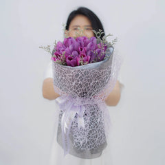 Purple tulip bouquet with lace wrapping for flower delivery in Singapore