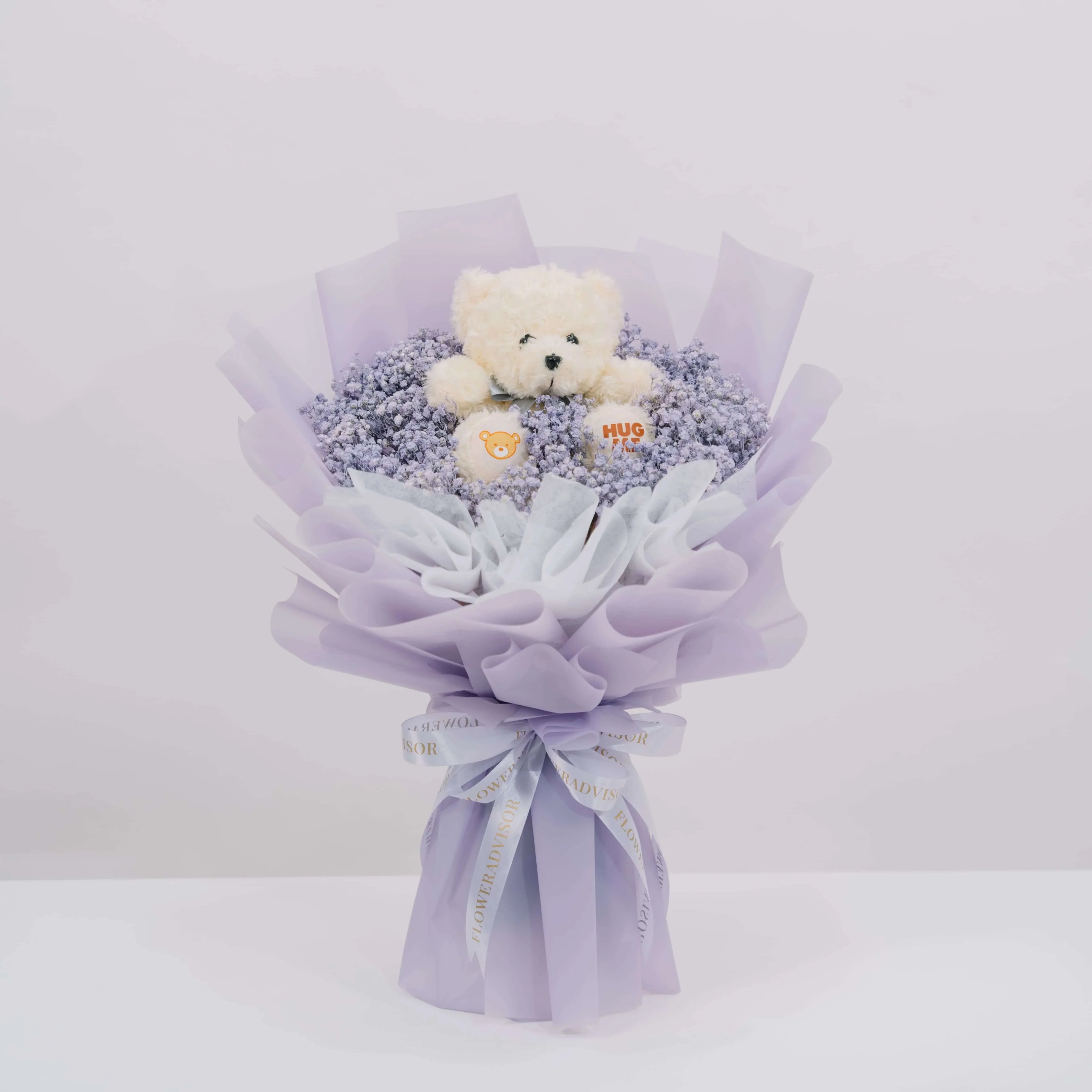 Purple baby's breath bouquet with plush bear, perfect for flower delivery in Singapore