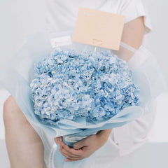 Hand holding bouquet of blue hydrangeas, perfect for flower delivery gifts