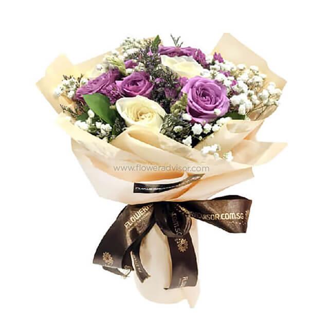 Elegant purple and cream rose bouquet for fast flower delivery in Singapore