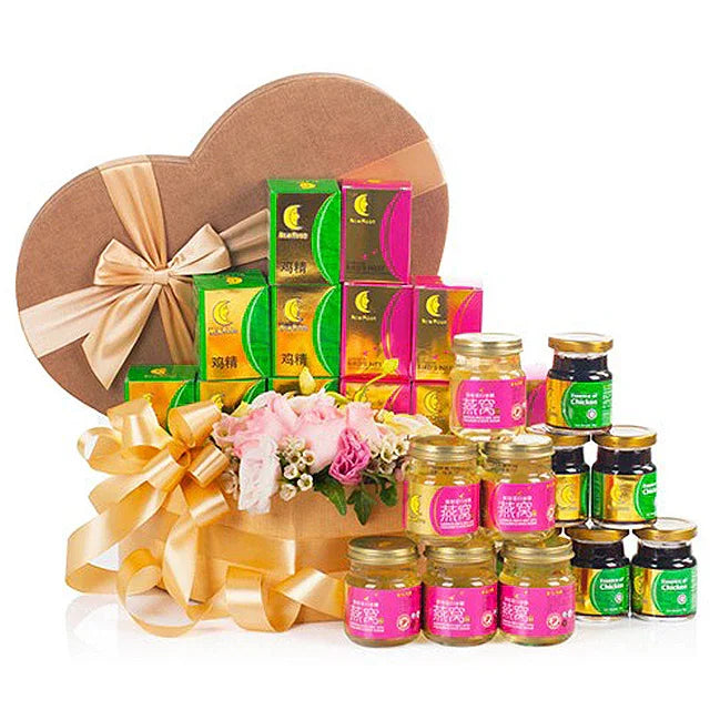 Wellness hamper with fresh flower arrangement and assorted jars, ideal for Singapore flower delivery