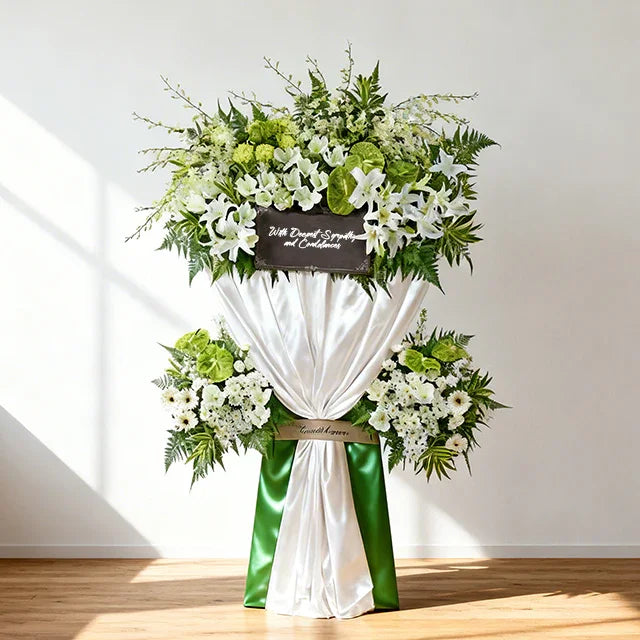 Elegant condolence flower stand with white lilies, roses, and greenery for flower delivery