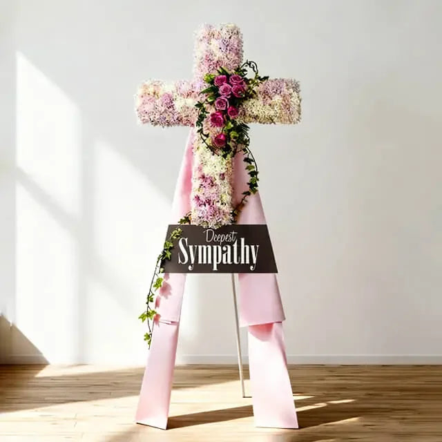 Sympathy flower delivery with pink and white cross-shaped floral arrangement and ribbon