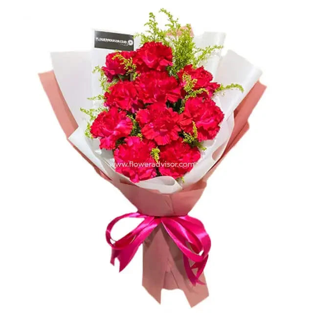 Red carnation bouquet wrapped with pink ribbon, ideal for Singapore flower delivery