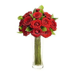 12 fresh red roses in a clear vase, perfect for flower delivery in Singapore