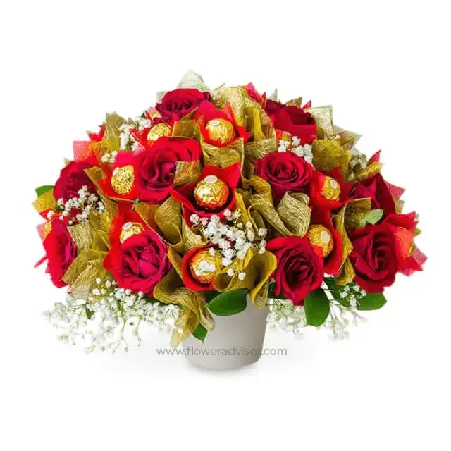 Red rose bouquet with golden Ferrero Rocher chocolates and baby's breath for flower delivery