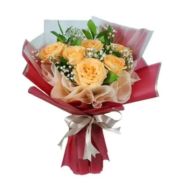 Peach rose bouquet with greenery and baby's breath, ideal for flower delivery gift