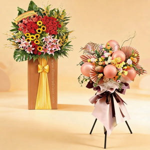 Elegant flower arrangements for delivery with roses, lilies, sunflowers, and balloons