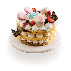 Delicate layered cake with macarons, berries, and butterflies — perfect for flower delivery occasions