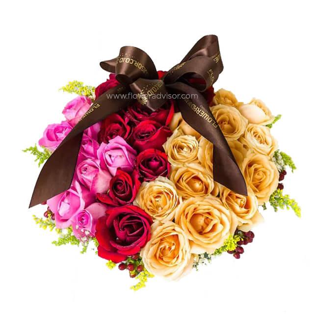 Basket of 36 mixed roses in red, pink, and yellow for flower delivery, accented with fillers