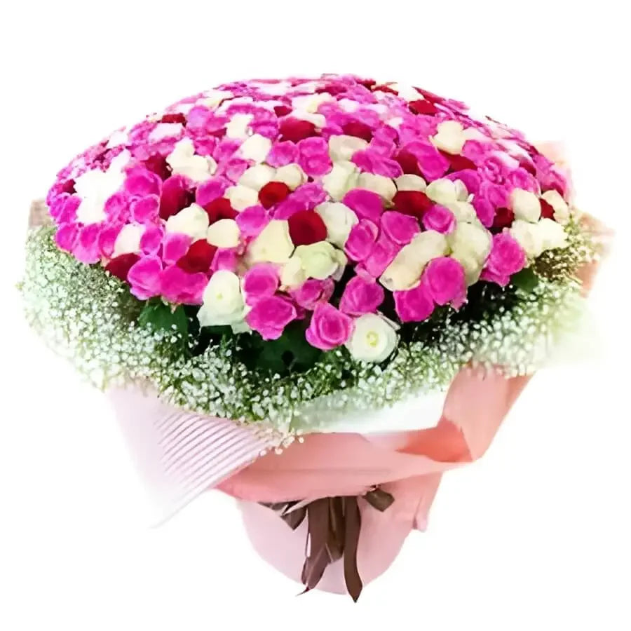 Large mixed bouquet of pink and white roses with baby's breath for flower delivery
