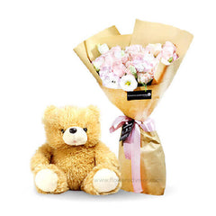 Flower delivery of 12 pink roses bouquet with soft teddy bear gift