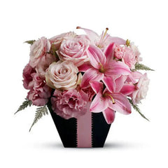 Pink rose and lily flower arrangement in a stylish box for flower delivery Singapore