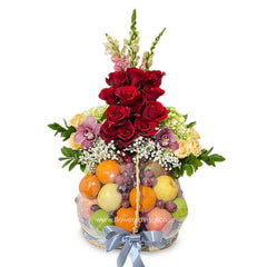 Flower and fruit hamper with red roses, orchids, assorted fruits, perfect for flower delivery