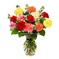 Colorful carnation bouquet in glass vase for Singapore flower delivery service