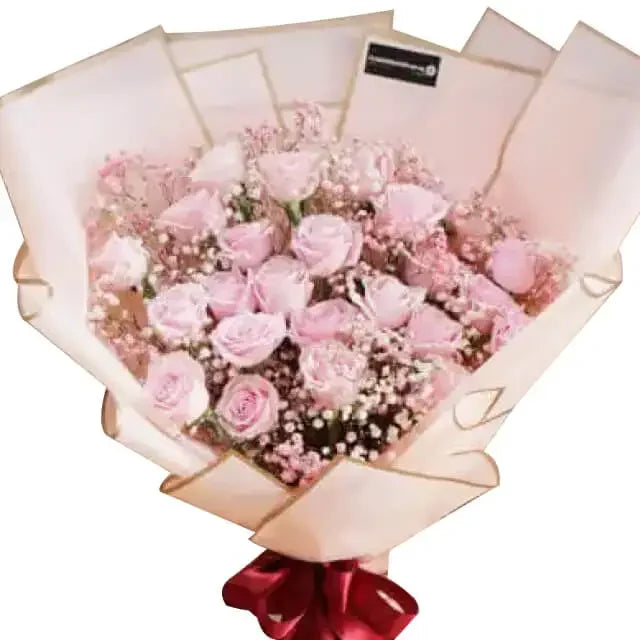 Hand bouquet of 24 pink roses and baby’s breath for flower delivery in Singapore