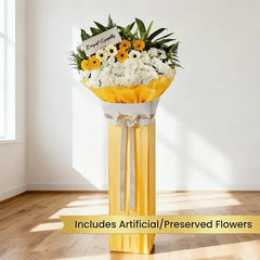 Sympathy floral arrangement with white and yellow flowers for flower delivery service