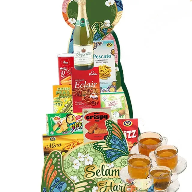 Hari Raya festive gift hamper with assorted snacks, drinks, and decorative elements for delivery