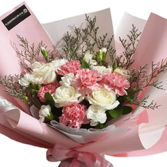 Hand bouquet with pink and white flowers, ideal for flower delivery in Singapore