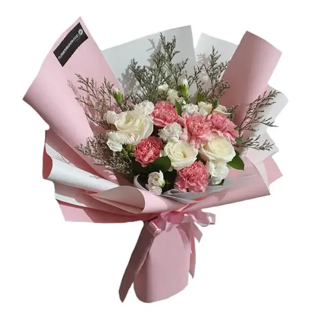 Pink and white flower bouquet with roses and carnations for flower delivery in Singapore